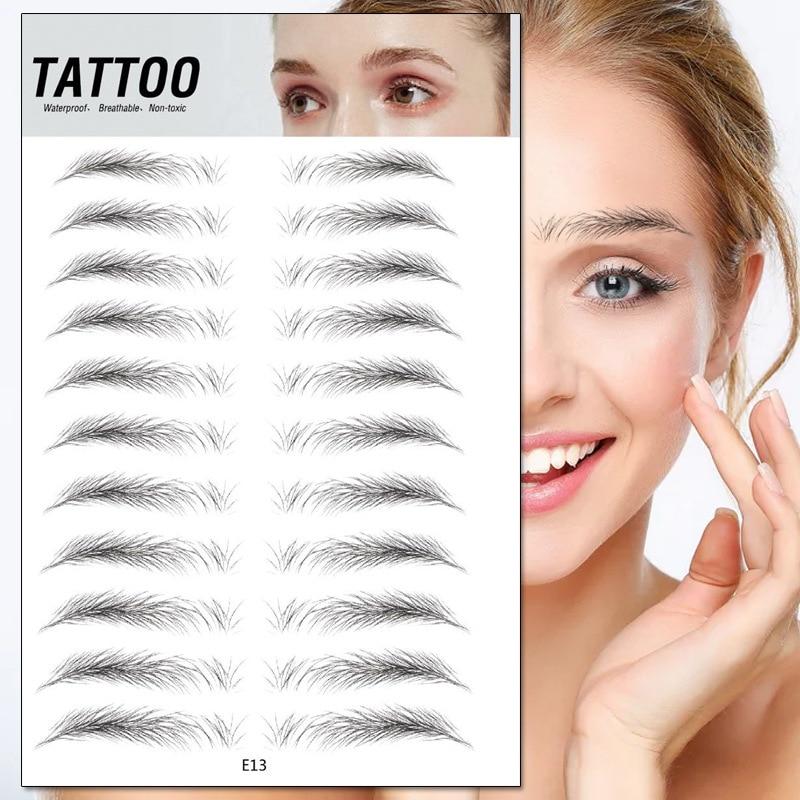 4D Waterproof Eyebrow Tattoo Stickers displayed on packaging with model showing off natural looking brows.